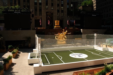 The NYNJ World Cup 26 Fan Village at Rockefeller Center is being constructed in Manhattan, New York City.