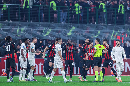 AC Milan players seen celebrating VAR review decision to overturn SS Lazio's penalty during Serie A 2025/26 football match between AC Milan and SS Lazio at San Siro Stadium. Final score Milan 1 : 0 Lazio
