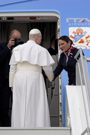 Pope Leo XIV boards his plane for his 11-day apostolic trip to Africa, from Leonardo da Vinci International Airport from Fiumicino, Rome