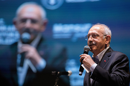 CHP Chairman and 13th Presidential candidate Kemal Kılıçdaroğlu speaks during the event. Chairman of the Republican People's Party (CHP) and the National Alliance 13th Presidential Candidate Kemal Kılıçdaroğlu and Meral Akşener of the Good Party (IYI) attended the 4th year project promotion launch organized by the Ankara Metropolitan Municipality.