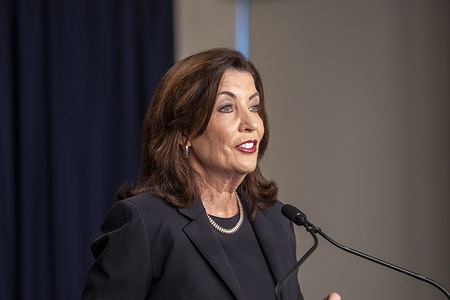 New York State Governor Kathy Hochul speaks during press briefing on the impacts of the 2024 Presidential Election as Former President Trump won the elections for a second term at Governor's office in New York City.
