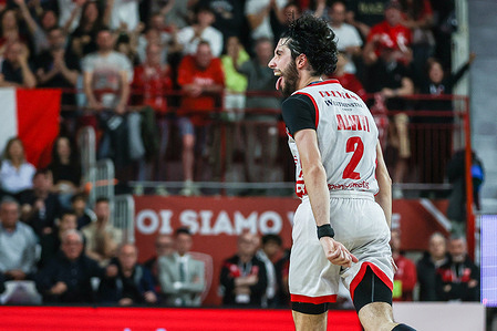 Davide Alviti #2 of Pallacanestro Varese OpenJobMetis celebrates during LBA Lega Basket A 2024/25 Regular Season game between Pallacanestro Varese OpenJobMetis and Pallacanestro Trieste at Itelyum Arena. Final score; Pallacanestro Varese OpenJobMetis 85 | 80 Pallacanestro Trieste.