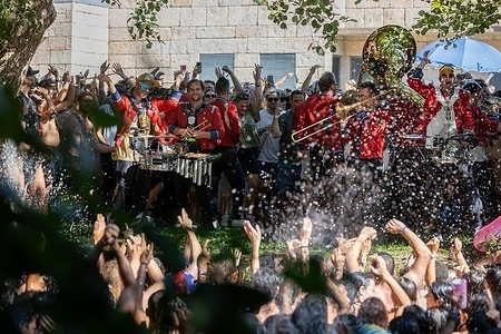 MEUTE perform an unexpected afternoon show by the river Coura - known locally as “Couraíso” - as festivalgoers gather on the riverbank and in the water during the last day of Vodafone Paredes de Coura.