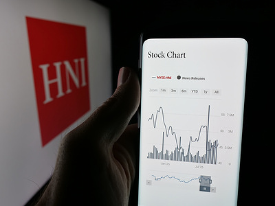In this photo illustration, a person is holding a cellphone with the webpage of US furniture company HNI Corporation on screen in front of logo.