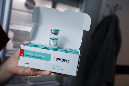 Vials containing Turkovac vaccine seen during the Covid-19 Vaccination operation in Ankara City Hospital.
Turkovac is an inactive type of a Covid-19 vaccine developed by the Turkish Ministry of Health and Erciyes University. After the emergency use permit was released by the Ministry of Health of the Republic of Turkey, large hospitals all over the country began to administer it.