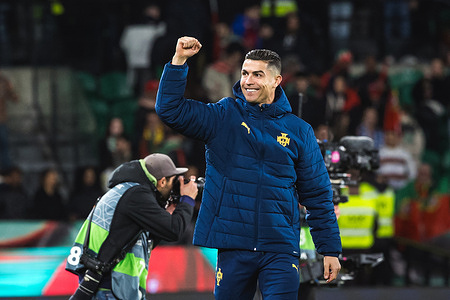 Cristiano Ronaldo of Portugal gestures at the end of the UEFA Nations League Quarterfinal Leg Two match between Portugal and Denmark at Estadio Jose Alvalade. (Final score: Portugal 5 - 2 Denmark)