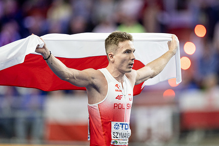 Jakub Szymanski of Poland celebrates after winning a gold medal during the WORLD ATHLETISC 2026: 60 Meters Hurdles Men at Arena Torun.