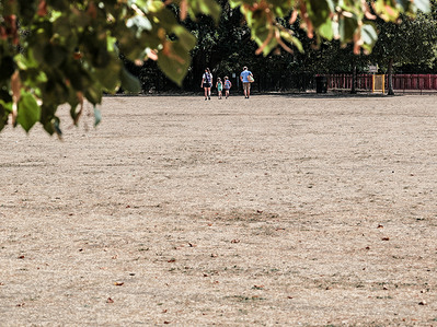 A family walks on dry grass and dirt in a public park in Weybridge as high temperatures caused a hydrological drought. English parks turned into a dry dust in most of the country.