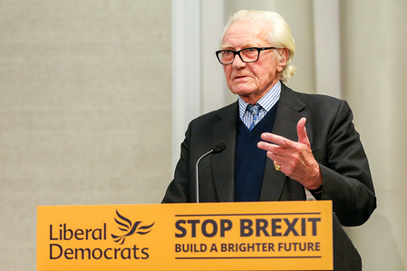 LONDON, UNITED KINGDOM - NOVEMBER 27 2019: Expelled Conservative grandee, Lord Michael Heseltine speaks to the media during a Liberal Democrats press conference. 
Former Deputy Prime Minister endorses Liberal Democrat candidates - Sam Gyimah who is standing in Kensington and Chuka Umunna who is standing for Cities of London & Westminster. Both Liberal Democrat candidates are standing against the Conservatives on anti-brexit manifestos.