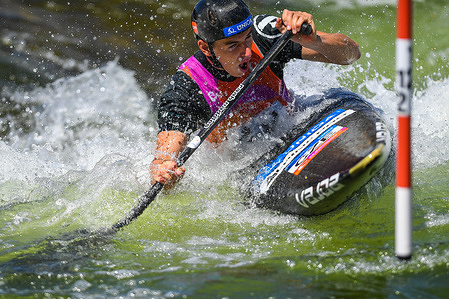 Adam Kral of Czechia is seen in action during the semi finals of Men's Individual Canoe Slalom at 2025 World ICF Slalom Championship.