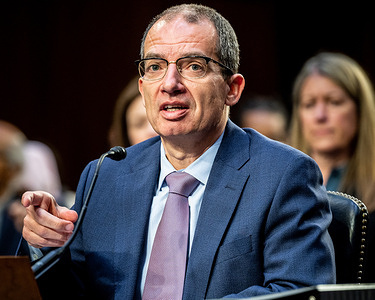 Stephane Bancel, Chief Executive Officer and Director, Moderna, Inc., speaking at a hearing of the Senate Health, Education, Labor, and Pensions committee at the U.S. Capitol.