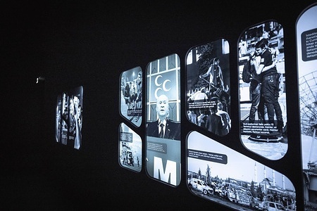 A wall projection displays several moments of 15 July 20216 and its aftermaths. For the 10th anniversary of the July 15 Democracy and National Unity Day, a media tour was organized by the Directorate of Communications at the Ankara Kahramankazan July 15 Martyrs and Democracy Museum as part of a special programme for national commemoration of the failed 2016 coup attempt.