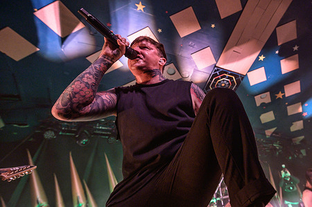 Scott Kennedy of metal core band Bleed From Within seen performing live on stage at The Barrowland Ballroom. Bleed From Within is a Scottish metal core band from Glasgow, formed in 2005 the band has released 7 studio albums with the latest The Zenith marking their 20th year together as a unit.