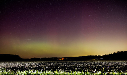 The Aurora Borealis (Northern Lights) can be seen from North Bottom Road in Bloomington, Indiana.