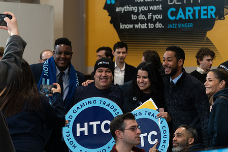Members of the Hotel and Gaming Trades Council (HTC) pose for a photo with Brooklyn Borough President Antonio Reynoso, (R), at the 2026 State of the State "Let Them Build" agenda event at the Major R. Owens Health & Wellness Community Center on Tuesday, February 10, 2026. The agenda, a series of landmark reforms, are aimed to speed up housing and infrastructure projects while lowering costs.