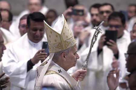 Pope Leo XIV seen celebrating Chrism Mass on Holy Thursday in St. Peter's Basilica.