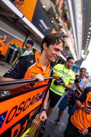 McLaren Formula 1 Team's Australian driver Oscar Piastri celebrates the win of the Formula 1 Spain Grand Prix 2025.