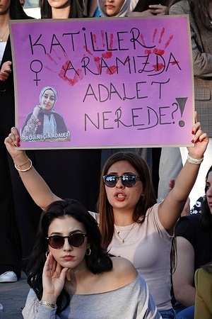 A female protester holds a placard while chanting slogans demanding the murderers to be found at an event held in Diyarbakir for Rojin Kabais. University student Rojin Kabais, whose body was found on the shores of Lake Van after she disappeared a year ago in city of Van in Turkey, was commemorated at an event held in Diyarbakir with the participation of her family and friends. Rojin Kabais' family and women's rights organizations organised the protests across Turkey to shed light on the murder and find the killers.