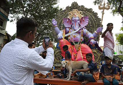 A dog and devotees pose next to the idol of elephant headed Hindu god Ganesh ahead of Ganesh Chaturthi. The 10 days festival of Ganesh Chaturthi begins 31st August where devotees pray and seek blessings from the god of wisdom, knowledge and prosperity.
