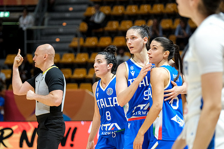 (L to R) Costanza Verona 8, Cecilia Zandalasini 9 and Francesca Pasa (ITA) seen during the Group B match between Serbia Vs Italy at the FIBA Women's EuroBasket 2025 at PalaDozza. Final score Italy 70 : 61 Serbia