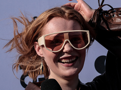 A movie actress Bogumila Bajor speaks during a meeting during Mastercards OFF Camera film festival in Krakow city centre.