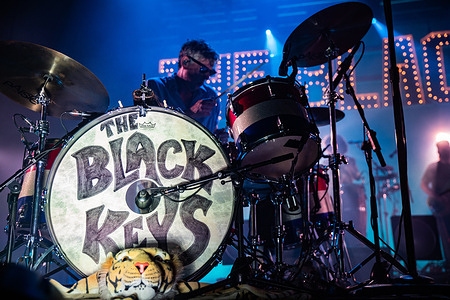 American musician Patrick Carney, drummer and founding member of The Black Keys plays the drum kit during a concert at Alcatraz as part of their Peaches 'n Kream World Tour 2026.