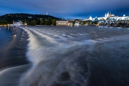 Waves seen at Vltava river during the rising water level in Prague with overview of historical part of the city including Prague Castle and Charles bridge. Heavy rains during the recent days have caused water levels to rise in Vltava river, which caused flood emergency warning. Floods caused by heavy rains have been battering region of central and eastern Europe, including Czech Republic, Poland, Austria, Slovakia and Romania since 13 September 2024.