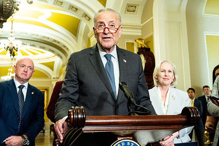 Senate Majority Leader Chuck Schumer (D-NY) speaking with reporters at a press conference after a Senate caucus luncheon at the U.S. Capitol.