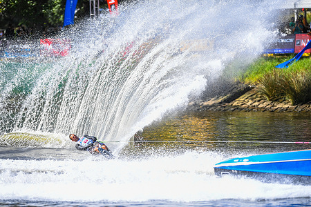 Trent Nelson-Cranfield of Australia is seen in action during the Men's Waterski Slalom event at the 64th Nautique Moomba Masters International Invitational watersports tournament.