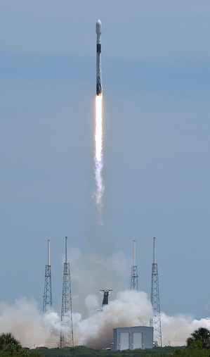 A SpaceX Falcon 9 rocket carrying the U.S. Space Forces fifth third-generation navigation satellite for the Global Positioning System launches from pad 40 at Cape Canaveral Space Force Station. The GPS III-5 satellite was built by Lockheed Martin.
