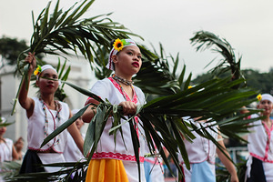 Marikina Sports Center,Marikina,NCR,Philippines, Marikina, NCR, Philippines - 11/12/2017: The Association of Woman Citizen of Manila actively swished palm leaves to welcome the spectator of the Rehiyon Rehiyon Festival.The Biggest Annual Philippine Rehiyon-Rehiyon Festival was once again celebrated this month with the theme “Unity In Diversity” which the main goal is to unite all individuals coming from different region in the nation. The festival showcases the diverse culture and attitudes of Filipinos around the country to bond as one in a big dance celebration. It serves as a tribute to local groups/community who came from other regions of the country and choose to stay and settle in the city.
