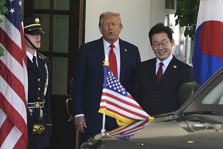 US President Donald Trump greets the South Korean President Lee Jae-myung before a bilateral meeting at North Portico / White House.