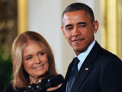 American journalist and feminist icon Gloria Steinem receives the Presidential Medal of Freedom from U.S. President Barack Obama during a ceremony at the White House. Steinem passed away on September 2, 2026 at the age of 92.