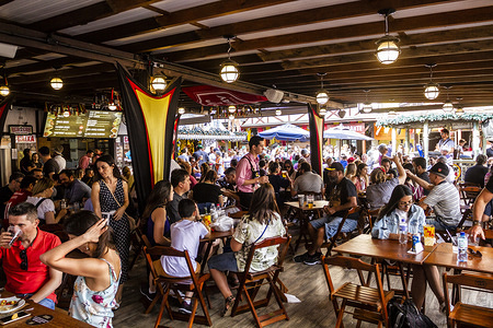People seen at the restaurant during the festival.
Oktoberfest 2018 is a Germany beer festival in Blumenau, a Brazilian city founded by German immigrants. Blumenau, Santa Catarina, Brazil.