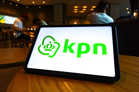 In this photo illustration, the KPN logo is displayed on the screen of the tablet.