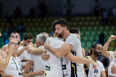 Jusuf Nurkic of Bosnia and Herzegovina celebrates with teammates during the group phase of the FIBA EuroBasket 2025 between Bosnia and Herzegovina and Georgia at Spyros Kyprianou Arena. Final score; Bosnia and Herzegovina 84:76 Georgia.