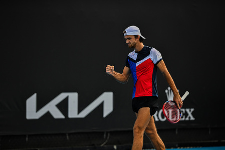 Tomas Machac of Czech Republic reacts against Shintaro Mochizuki of Japan (not in picture) during Round 1 match of the Australian Open Tennis Tournament at Melbourne Park. Tomas Machac defeated Shintaro Mochizuki in straight sets with a score 7:5, 6:1, 7:5.