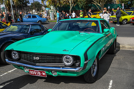 1969 Chevrolet Camaro SS is seen at the 13th Acland Street Classic and Exotic Car and Bike Show in Melbourne's famous entertainment precinct of Acland Street in St. Kilda.