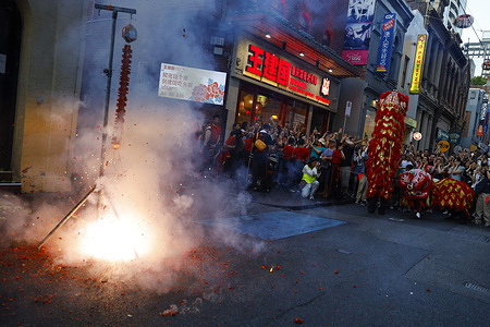  People seen performing dragon dance during the Lunar new year eve day celebration. Lunar New Year’s Eve celebrations take place at Melbourne Chinatown, where crowds gather to welcome the new lunar year with cultural performances, traditional decorations, and community festivities celebrating Asian heritage and renewal.
