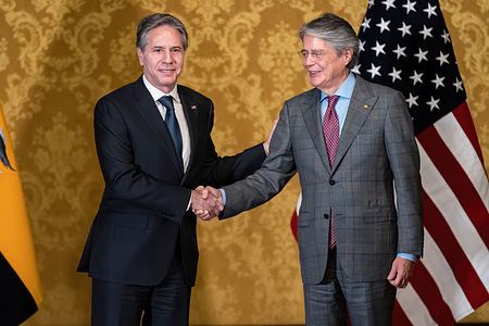 US Secretary of State Antony Blinken and Ecuadorian President Guillermo Lasso shake hands at Ecuador's presidential palace in the capital Quito.
US Secretary of State made his first visit to South America on October 19 in Quito, Ecuador, followed by Colombia to meet with President Ivan Duque. During his visit, he met with Ecuadorian President Guillermo Lasso and his counterpart, the Foreign Affairs Minister Mauricio Montalvo. Blinken and Lasso discussed a range of issues including security, counter-narcotics, environmental issues among many more.