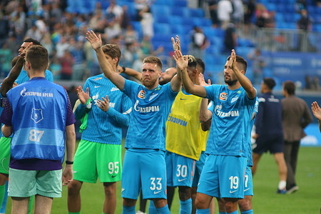 Ivan Sergeev (No.33), Aleksei Sutormin (No.19) of Zenit seen during the Russian Premier League football match between Zenit Saint Petersburg and Torpedo Moscow at Gazprom Arena. 
Final score; Zenit 2:0 Torpedo.