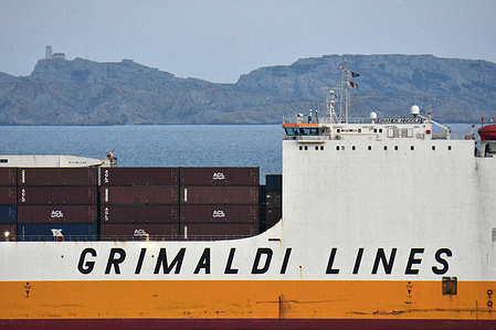 The Ro-Ro Cargo Ship Grande Angola of the company Grimaldi Lines arrives at the French Mediterranean port of Marseille.