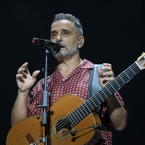 Singer Jorge Drexler performs during a live concert at the Movistar Arena as part of his 2026 musical tour.