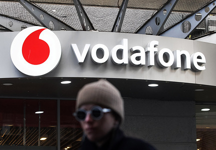 Vodafone logo on a British multinational telecommunications company seen over the entrance to a Vodafone office in Kiev.