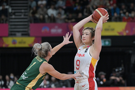 Lauren Nicholson (L) of Australia Women Basketball team and Li Meng (R) of China Women Basketball team seen in action during the FIBA Women's Asia Cup 2023 Division A match between China and Australia at Quay Centre. Final score; China 74:60 Australia.