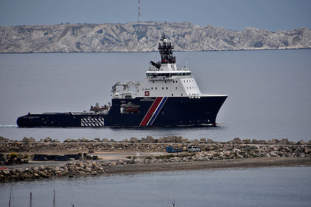 The tug supply vessel Abeille Mediterranee leaves at the French Mediterranean port of Marseille.