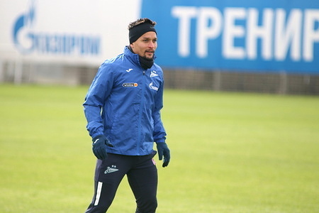 Artur Victor Guimaraes, known as Artur, a player of the Zenit football club warms up during an open training session at the Zenit FC training base before the Zenit Saint Petersburg - Baltika Kaliningrad region football match, which will be held in Saint Petersburg, Russia.