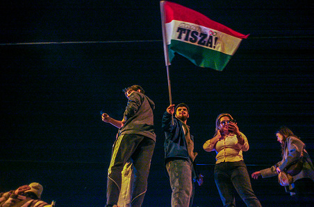 Hungarians celebrate after Peter Magyar's victory speech. On the evening of April 12th, the day of the Hungarian parliamentary elections, supporters of the Tisza political party gather at Batthyany Square to watch the election results come in. As the evening progresses, it becomes clear that party president Peter Magyar has defeated the Fidesz party, winning a two-thirds majority in parliament, sweeping away the authoritarian era of Victor Orban and heralding closer ties with the European Union.
