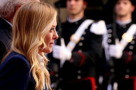 Giorgia Meloni waits at the courtyard for the European Council President António Costa (not in view) to arrive. Prime Minister Giorgia Meloni met with European Council President António Costa at Palazzo Chigi in Rome. The discussion focused on key European dossiers and prospects for cooperation between Italy and European Union institutions.