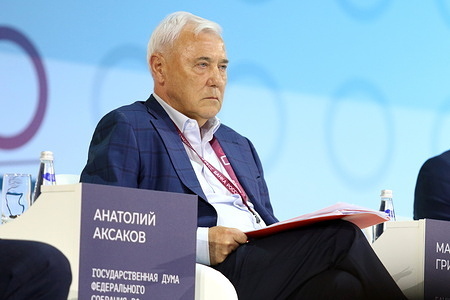 Anatoly Aksakov, Chairman of the Committee on Financial Market of The State Duma of the Russian Federation seen during the plenary session on Financial market. The Financial Congress of the Bank of Russia officially commenced at St. Petersburg's BKZ Oktyabrsky, gathering over a thousand financial sector leaders, policymakers, and experts. Led by central bank governor Elvira Nabiullina, the forum's opening plenary sessions focused heavily on navigating a changing economic reality by adapting traditional regulations to fit cutting-edge digital payment tools, platformization, and artificial intelligence.